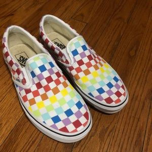 Multi colored checkered slip on vans